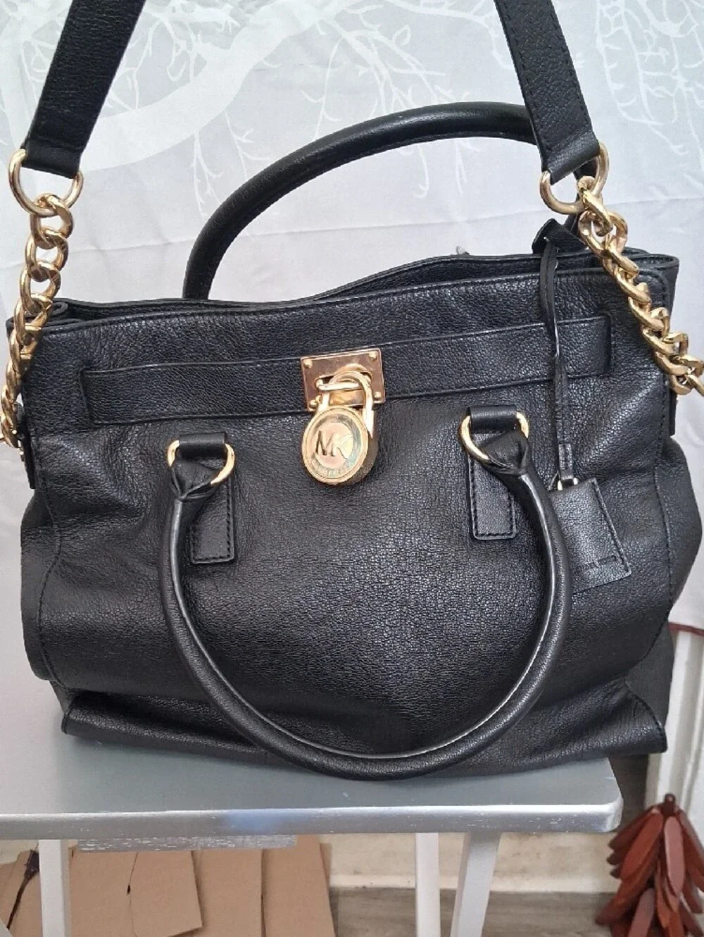 Michael Kors Black  Largr Hamilton  Leather Satchel with Gold-Tone Chain Detail